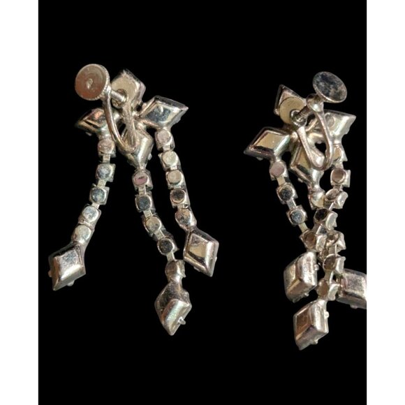 Vintage Rhinestone Clip-On Dangle Earrings Silver-Tone Sparkle Party Jewelry Ret - Picture 3 of 7